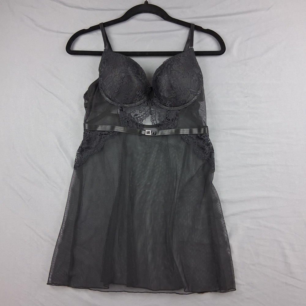 Black Fuchsia Secret Lace Babydoll Chemise Black Mesh Lace Rhinestone Buckle L